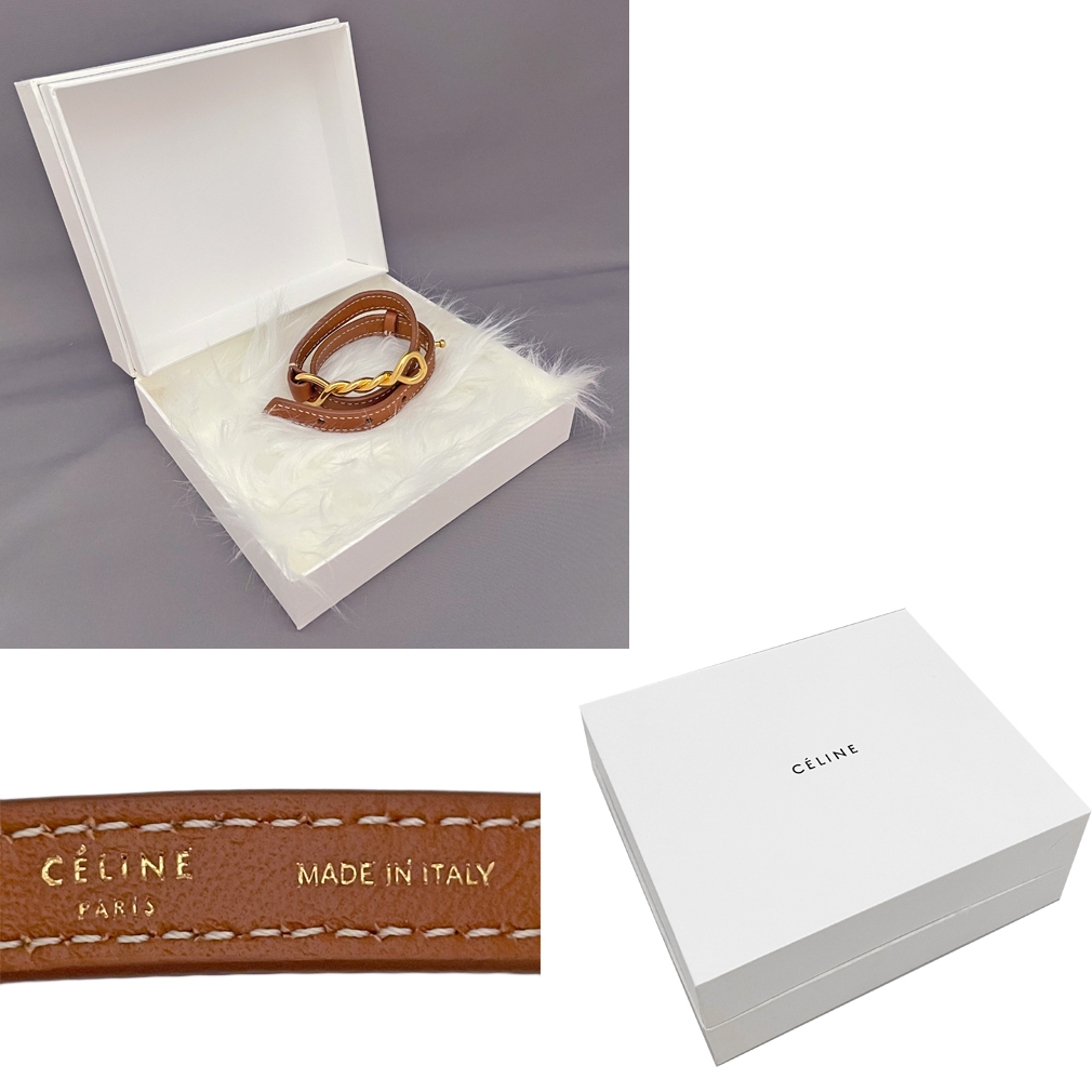 新品セリーヌCELINE2連 レザーブレスレット(バングル)茶×ゴールド 