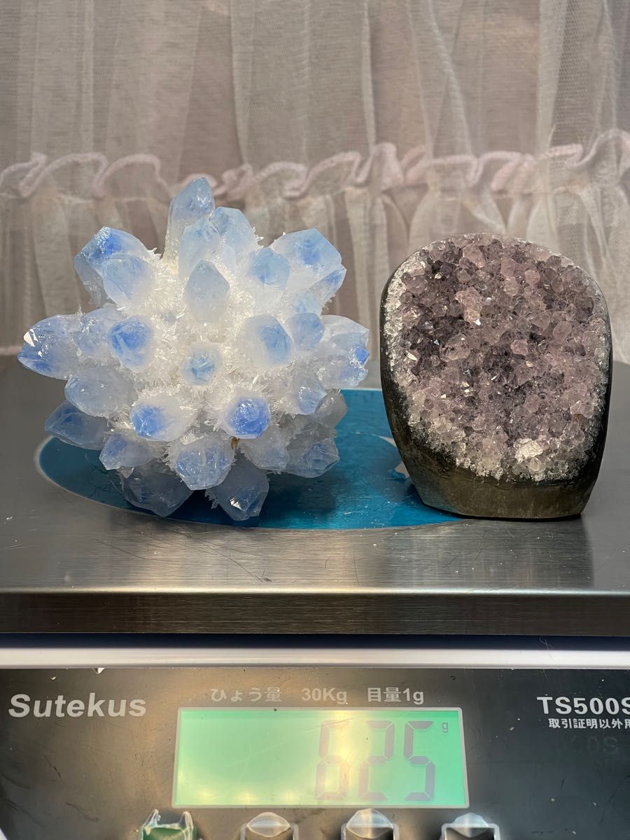 青い水晶クラスター　天然石パワーストーンクリスタルとアメジストクラスター セット　 原石