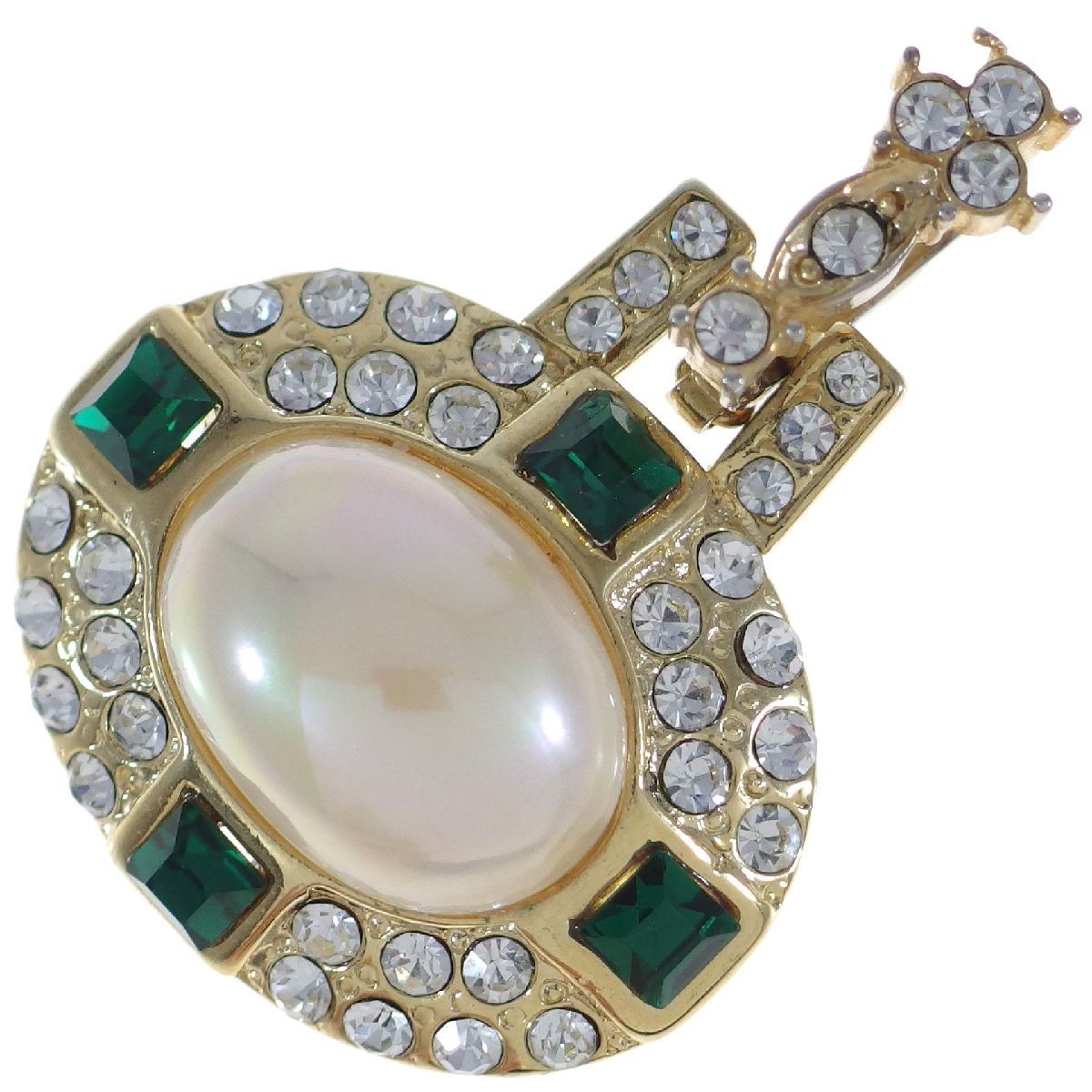 A8910* fake pearl & clear & emerald green rhinestone * Vintage pendant * necklace .*