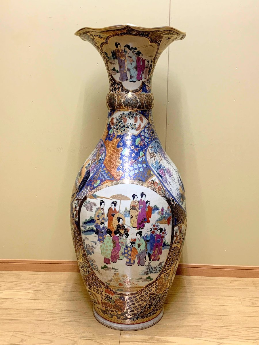 古美術 薩摩焼 花瓶 時代物 極上品 11099/京都市発 古い大きな花瓶 約110cm 大壷 特大 花器 金彩色絵