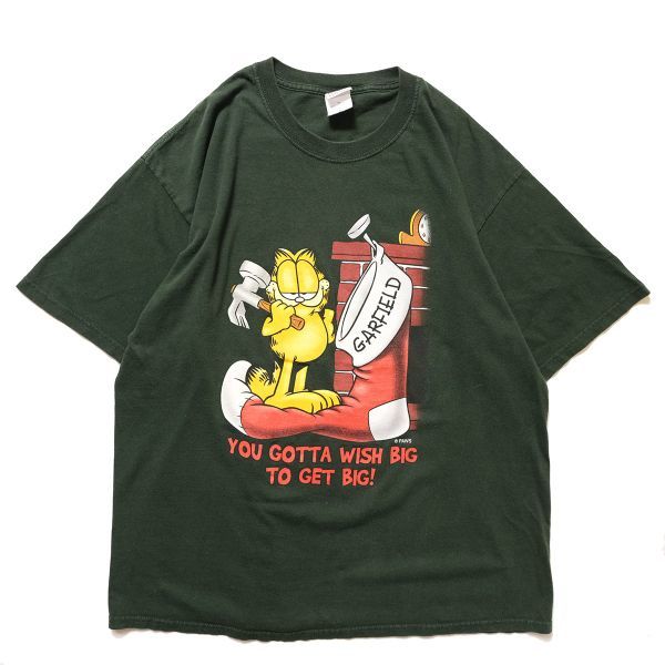 00's ガーフィールド オフィシャル プリント コットン Tシャツ 緑 (XL) 半袖 キャラT 00年代 旧タグオールド 古着 ギルダン Y2K