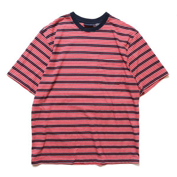90's 00's ピューリタン ボーダー クルーネック ポケット Tシャツ 半袖 (L) 赤紺 ネイビー 無地 ポケT 90年代 00年代 古着 旧タグ オールド