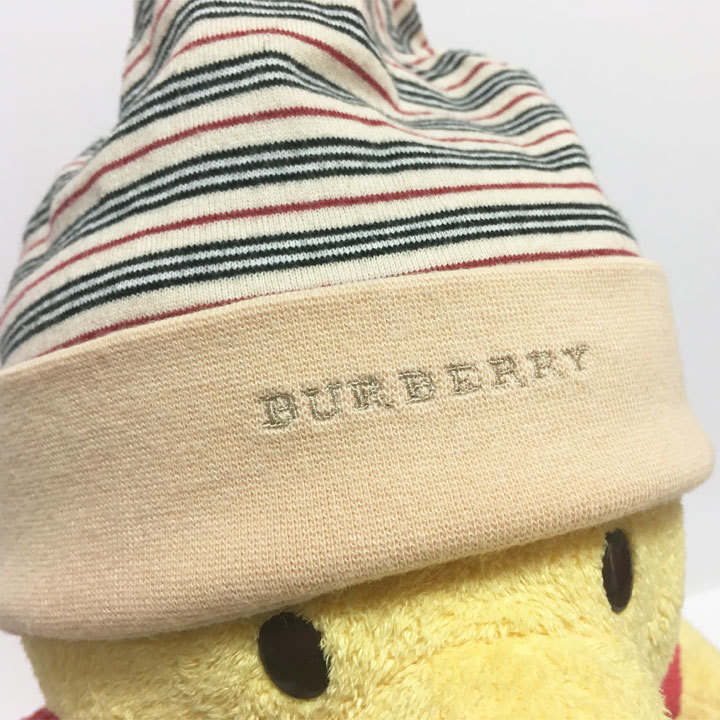 バーバリー / BURBERRY 幼児用帽子　赤黒ボーダー柄　ベージュ生地　ロゴ刺繍　サイズ44～46　日本製【5902】_画像4