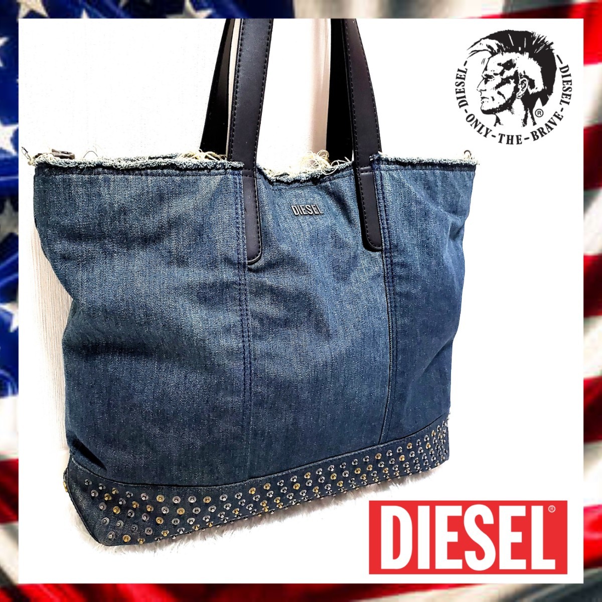 大容量 DIESEL ディーゼル デニム×レザー トートバッグ スタッズ