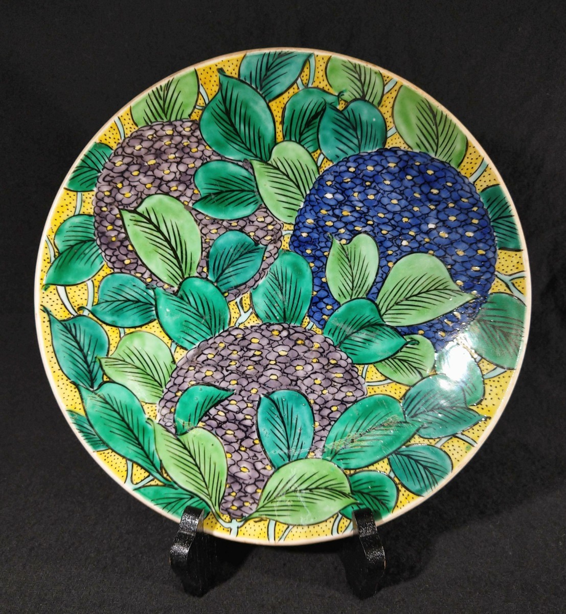 お気に入り】 九谷焼 青手 b-14a3000 中皿 24cm 紫陽花図 花唐草文 角