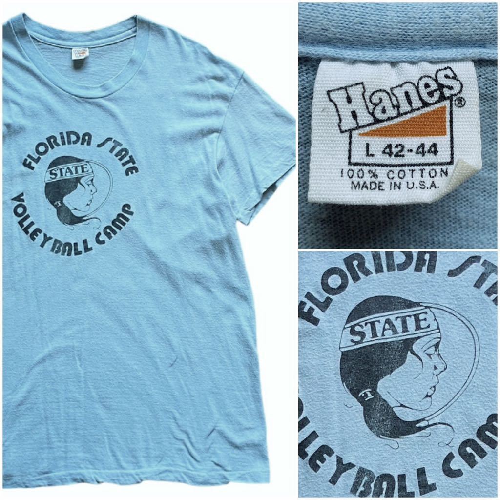 USA製 70's Hanes ヘインズ ヴィンテージ Tシャツ 三角タグ Lサイズ サックス 水色 シングルステッチ 綿100 バレーボール フロリダ 70年代