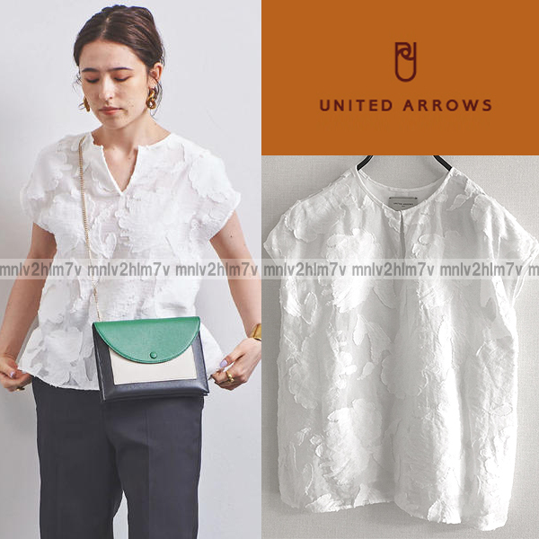 【ユナイテッドアローズ】UBCS カットジャカード フレンチスリーブ ブラウス　ホワイト白UNITED ARROWS　ジャガード刺繍シャツプルオーバー_画像1