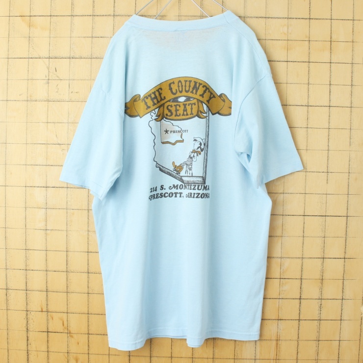 80s 90s USA バックプリント 半袖 ポケット Tシャツ ライトブルー メンズM相当 アメリカ古着_画像3