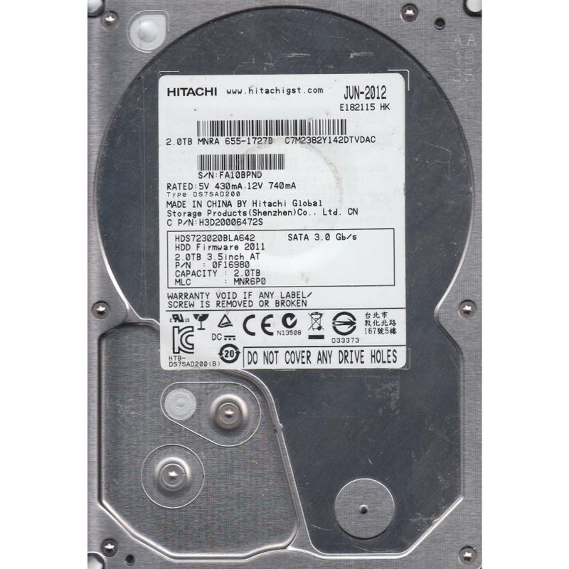 HDS723020BLA642、PN 0F16980、MLC MNR6P0、Hitachi 2TB SATA 3.5ハードドライブ_画像1