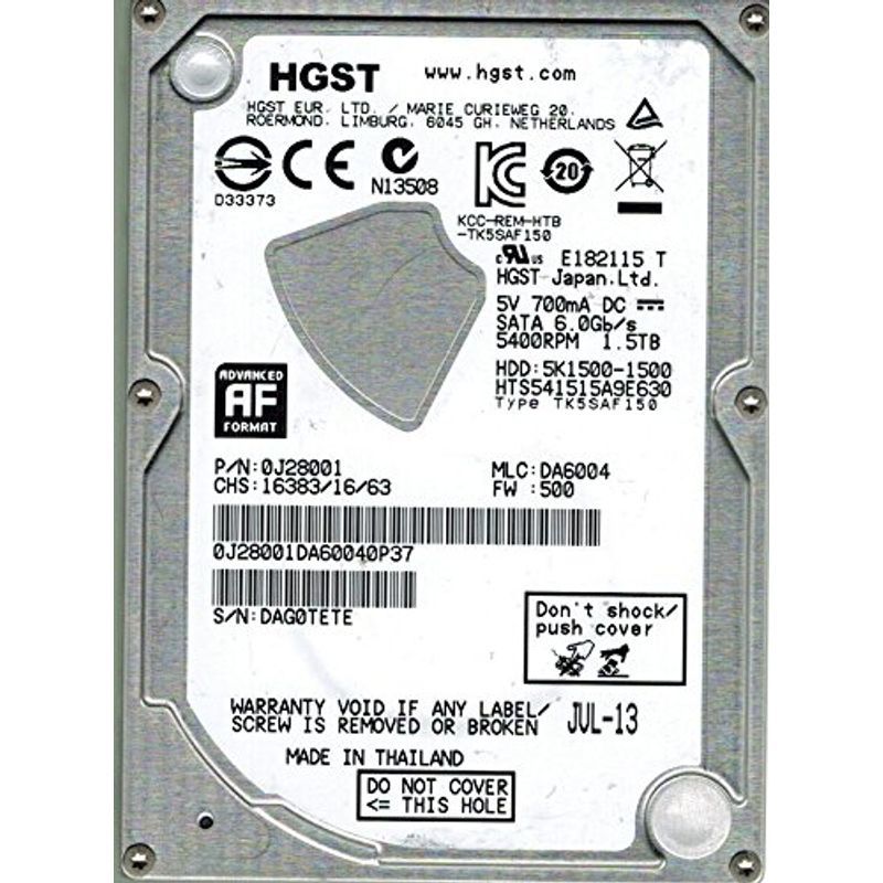 欲しいの HGST da6004?1.5?TB : 0j28001?MLC : hts541515?a9e630?P/N