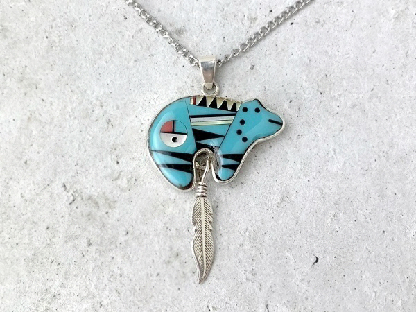  free shipping Vintage zni group in Ray Bear turquoise pendant neitib Indian jewelry necklace .. bear ZUNI STERLING