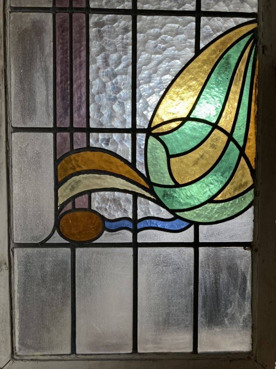 ④1920〜30年代 イギリス製 アンティーク ステンドグラス stained glass 英国製 窓枠 木枠 骨董 ビンテージ 1ｍ 大型 花 蕾 芽 植物 模様
