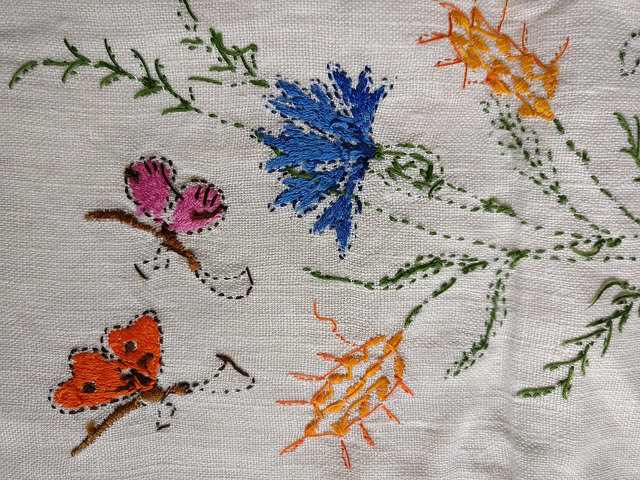  hand embroidery AG AC monogram .. flower motif ...... butterfly pouch linen case France antique flower 
