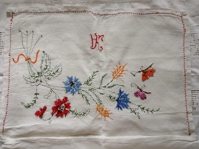  hand embroidery AG AC monogram .. flower motif ...... butterfly pouch linen case France antique flower 