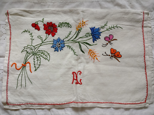  hand embroidery AG AC monogram .. flower motif ...... butterfly pouch linen case France antique flower 