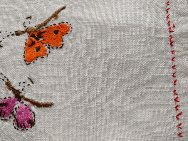  hand embroidery AG AC monogram .. flower motif ...... butterfly pouch linen case France antique flower 