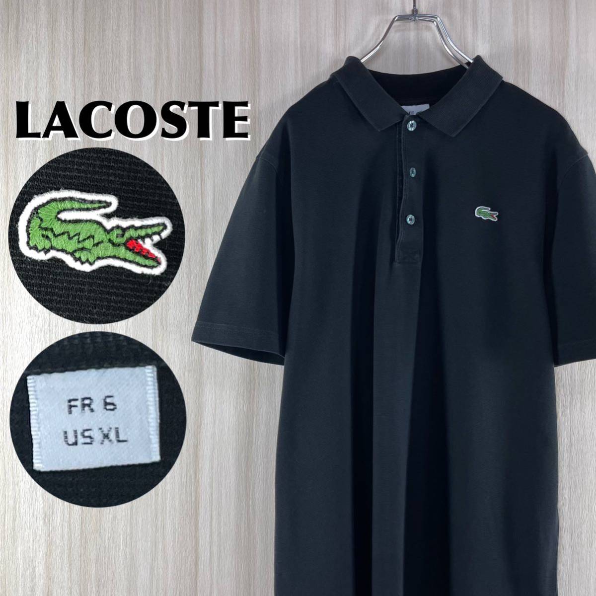 【人気カラー】【フレンチブランド】LACOSTE ラコステ スポーツ ワニ ロゴボタン 半袖ポロシャツ サイズ6 ブラック 黒 US表記XL 古着