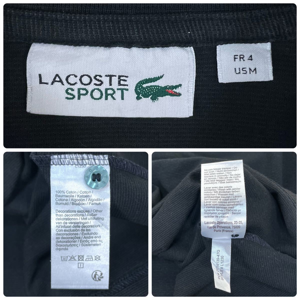 【人気カラー】LACOSTE ラコステ スポーツ ワニ ロゴボタン サイドスリット 半袖ポロシャツ サイズ4 ブラック 黒 フレンチブランド 古着