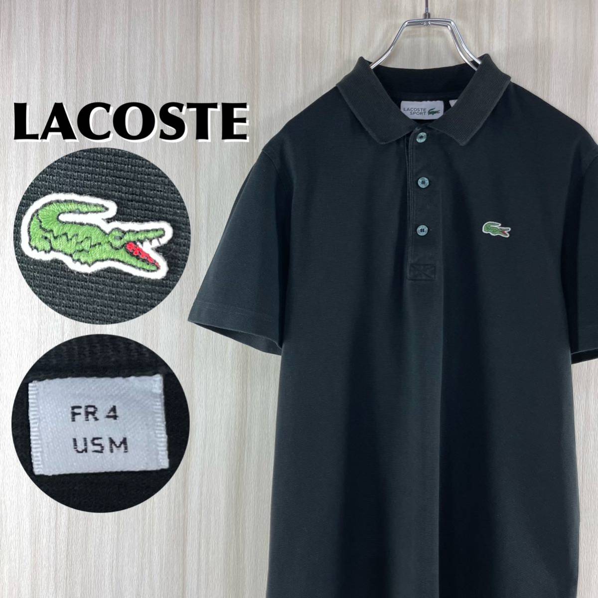 【人気カラー】LACOSTE ラコステ スポーツ ワニ ロゴボタン サイドスリット 半袖ポロシャツ サイズ4 ブラック 黒 フレンチブランド 古着