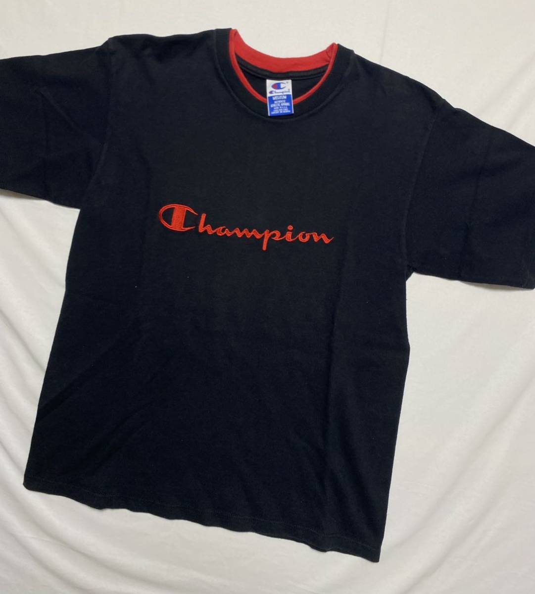 90s CHAMPION USA製 首リブダブル　ツートン　Tシャツ LOGO 刺繍　プリント　袖シングルステッチ　OLD vintage 90年代　 赤× 黒_画像1