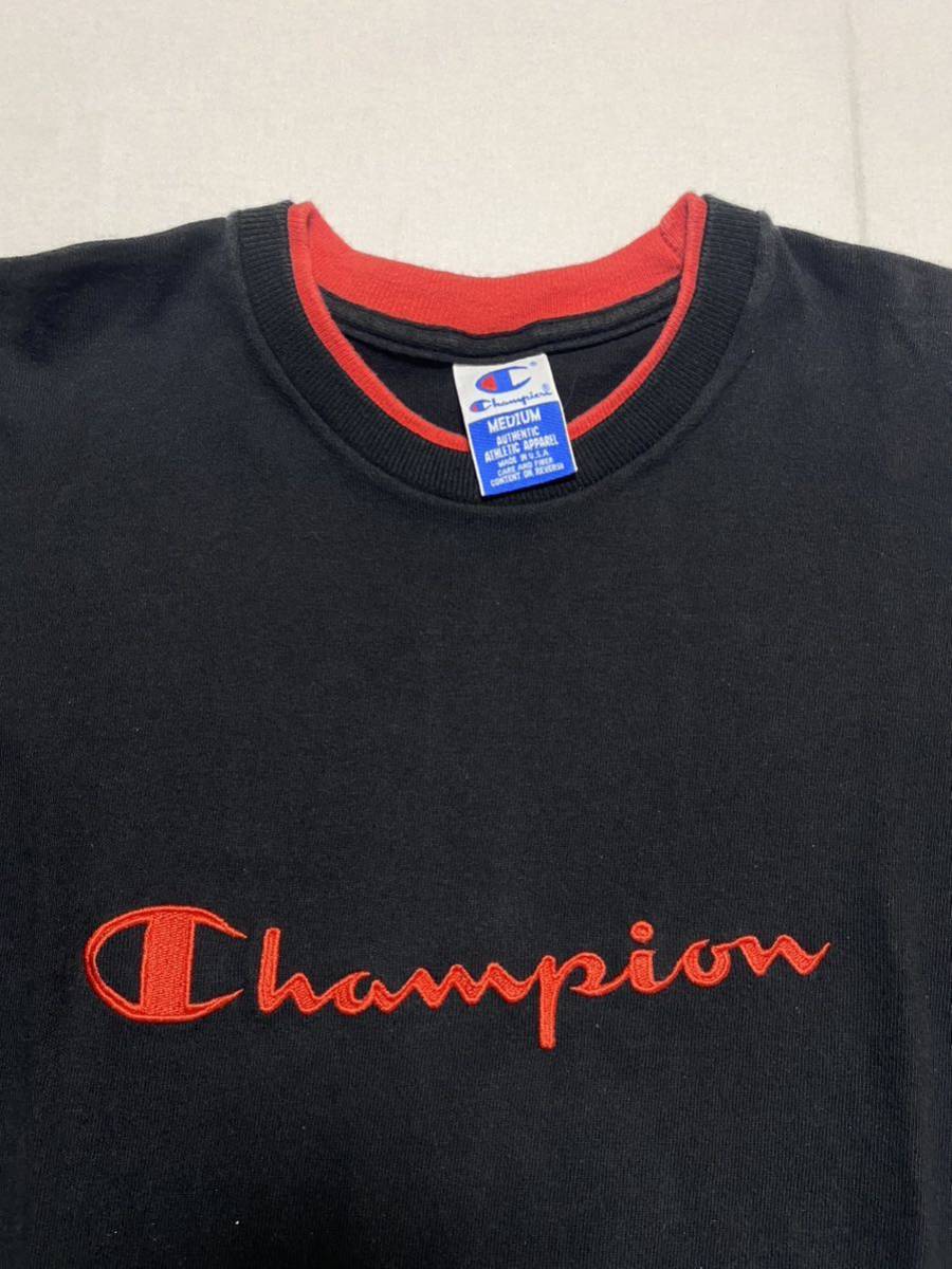 90s CHAMPION USA製 首リブダブル　ツートン　Tシャツ LOGO 刺繍　プリント　袖シングルステッチ　OLD vintage 90年代　 赤× 黒_画像3