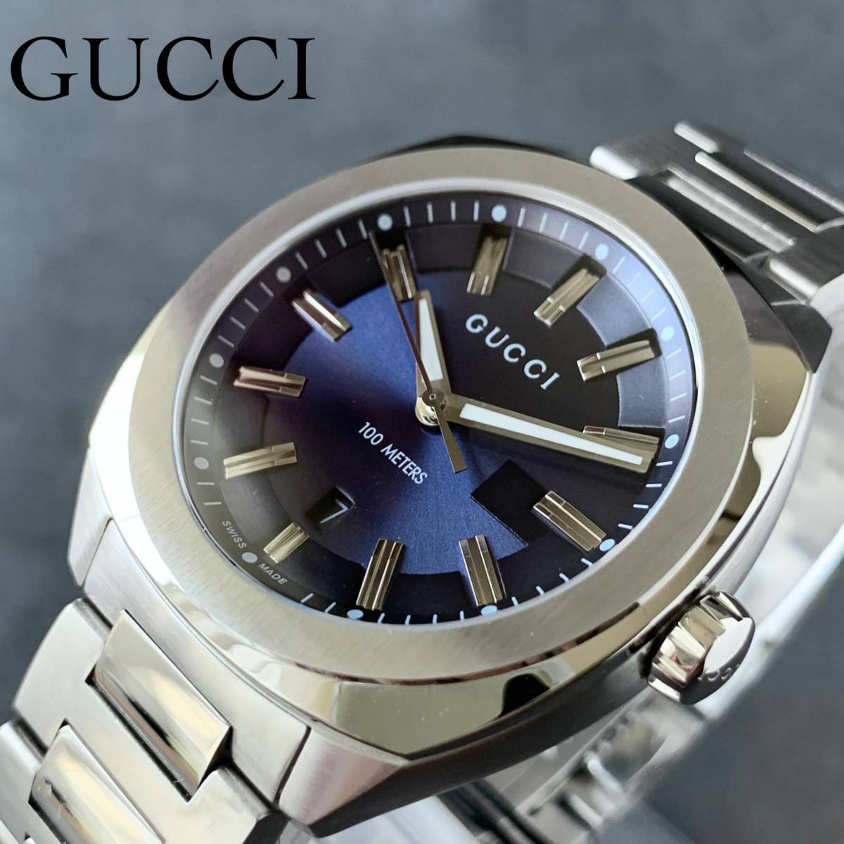 【新品】グッチ GUCCI YA142303 サファイヤガラス 41mm クォーツ スイス製 メンズ腕時計 男性用 タイムレス シルバー ダークブルー B12166