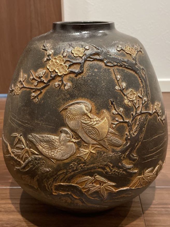 龍仙作高岡銅器銅製花瓶鴛鴦梅竹図花瓶古美術｜代購幫