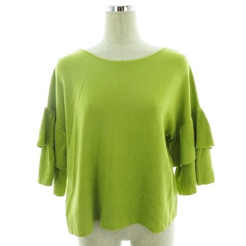  screw ViS knitted cut and sewn 7 minute sleeve round neck thin plain F green green tops /BT lady's 