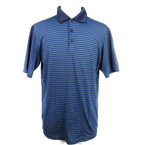 ナイキゴルフ NikeFITDRY スポーツウェア ゴルフウエア シャツ 半袖 ステンカラー ワンポイント 薄手 ボーダー L 紺 青 メンズの画像1