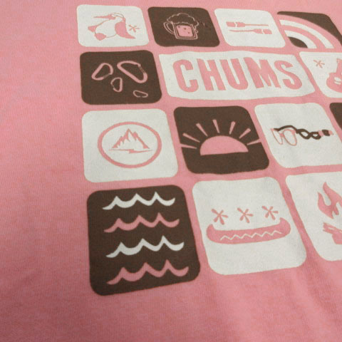 チャムス CHUMS Tシャツ 丸首 半袖 ロゴプリント コットン混 ピンク ブラウン 茶 ホワイト 白 L レディース_画像3