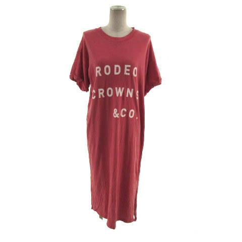 RODEO CROWNS WIDE BOWL RCWB ワンピース 半袖 ロング丈 裾スリット ロゴプリント ビンテージ加工 コットン レッド系 赤系 白 M_画像2