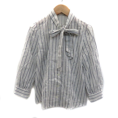 f Ray I ti-FRAY I.D shirt blouse 7 minute sleeve bow Thai stripe pattern 0 white white navy blue navy /YS41 lady's 