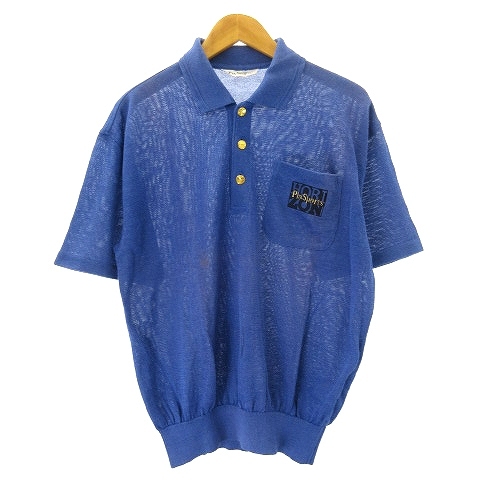 PIA SPORTS ピアスポーツ ポロシャツ 金ボタン 半袖 ロゴ 刺繍 リネン混 青 ブルー 4 約L NGA35 メンズ_画像1