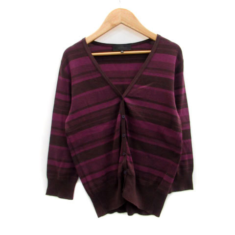  Untitled UNTITLED cardigan middle height V neck . minute sleeve border pattern 2 purple purple /MS29 lady's 