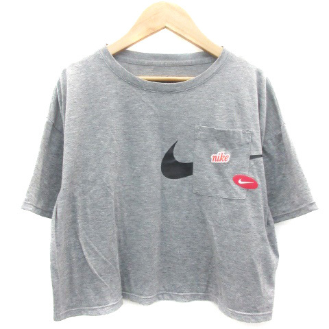 ナイキ NIKE Tシャツ カットソー 五分袖 ショート丈 ラウンドネック プリント S グレー /YM31 レディース_画像1