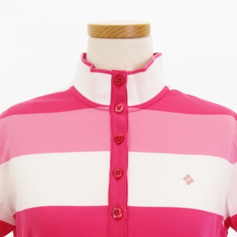 ポールスチュアート PAUL STUART SPORT ポロシャツ 半袖 ボーダー ロゴ コットン混 ピンク ホワイト M トップス ゴルフウェア レディース_画像4