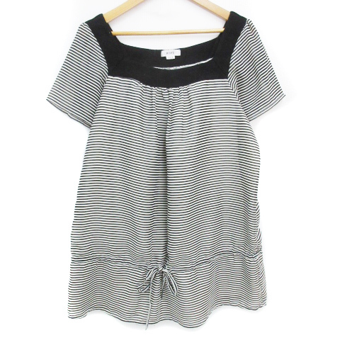  Rope tunic blouse cut and sewn short sleeves square neck switch ribbon see-through border pattern 2 white black white /FF16 lady's 
