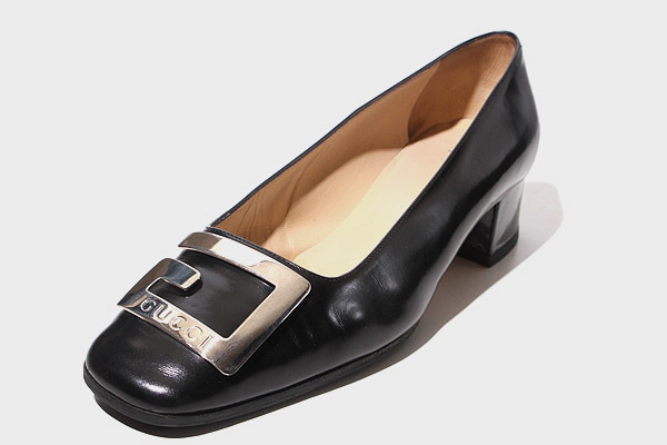 26.0cm GUCCI グッチ スクエアトゥ Gプレート レザー チャンキーヒール