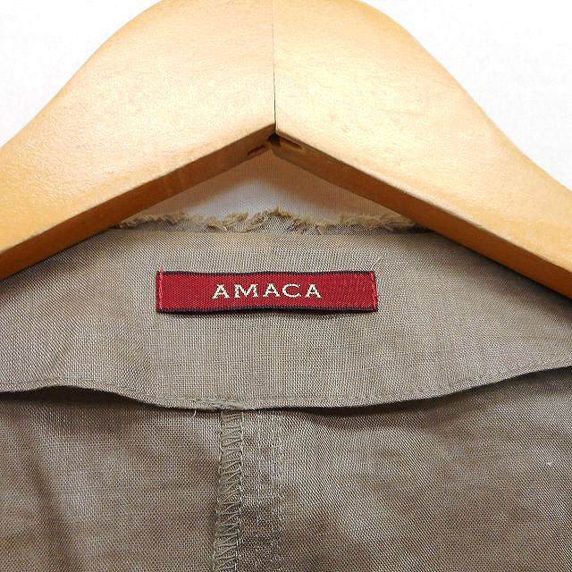 アマカ AMACA ノーカラー ジャケット ライン ラメ混 切りっぱなし リボン 透け感 リネン 麻 38 グレージュ /HT3 レディース_画像3