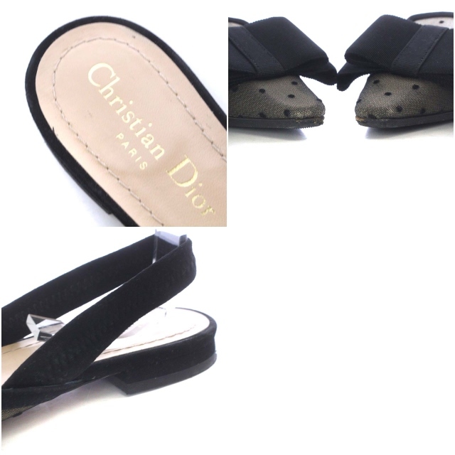 クリスチャンディオール Christian Dior スリングバック サンダル ミュール ローヒール リボンモチーフ ドット スエード 36.5 23.5cm 黒_画像6