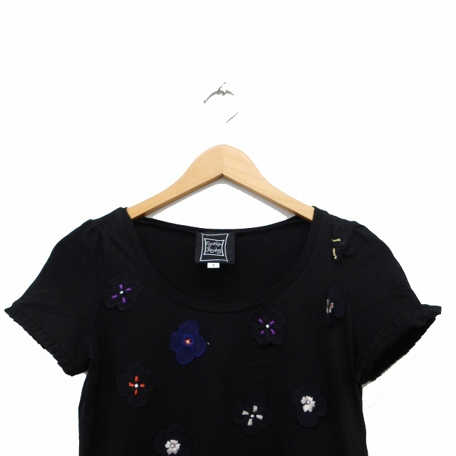 シンシアローリー CYNTHIA ROWLEY カットソー Tシャツ 半袖 モチーフ コットン 花 2 ブラック 黒 /KT38 レディース_画像4