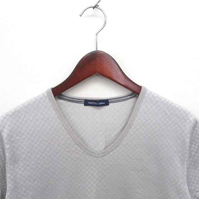 ニコルセレクション nicole selection Tシャツ カットソー チェック Vネック 半袖 46 グレー /TT2 メンズ_画像4