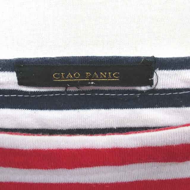 チャオパニック CIAOPANIC カットソー Tシャツ ボーダー ボートネック 肩ボタン 半袖 M レッド ホワイト 赤 白 /TT16_画像3