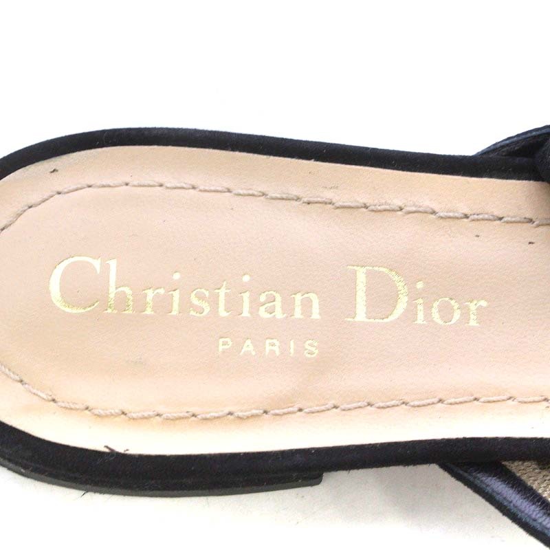 クリスチャンディオール Christian Dior スリングバック サンダル ミュール ローヒール リボンモチーフ ドット スエード 36.5 23.5cm 黒_画像5
