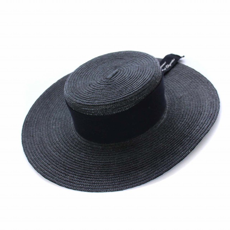 シャポードオー chapeau d' o 麦わら帽子 カンカン帽 ストローハット リボン 57.5cm 黒 ブラック /KH レディース