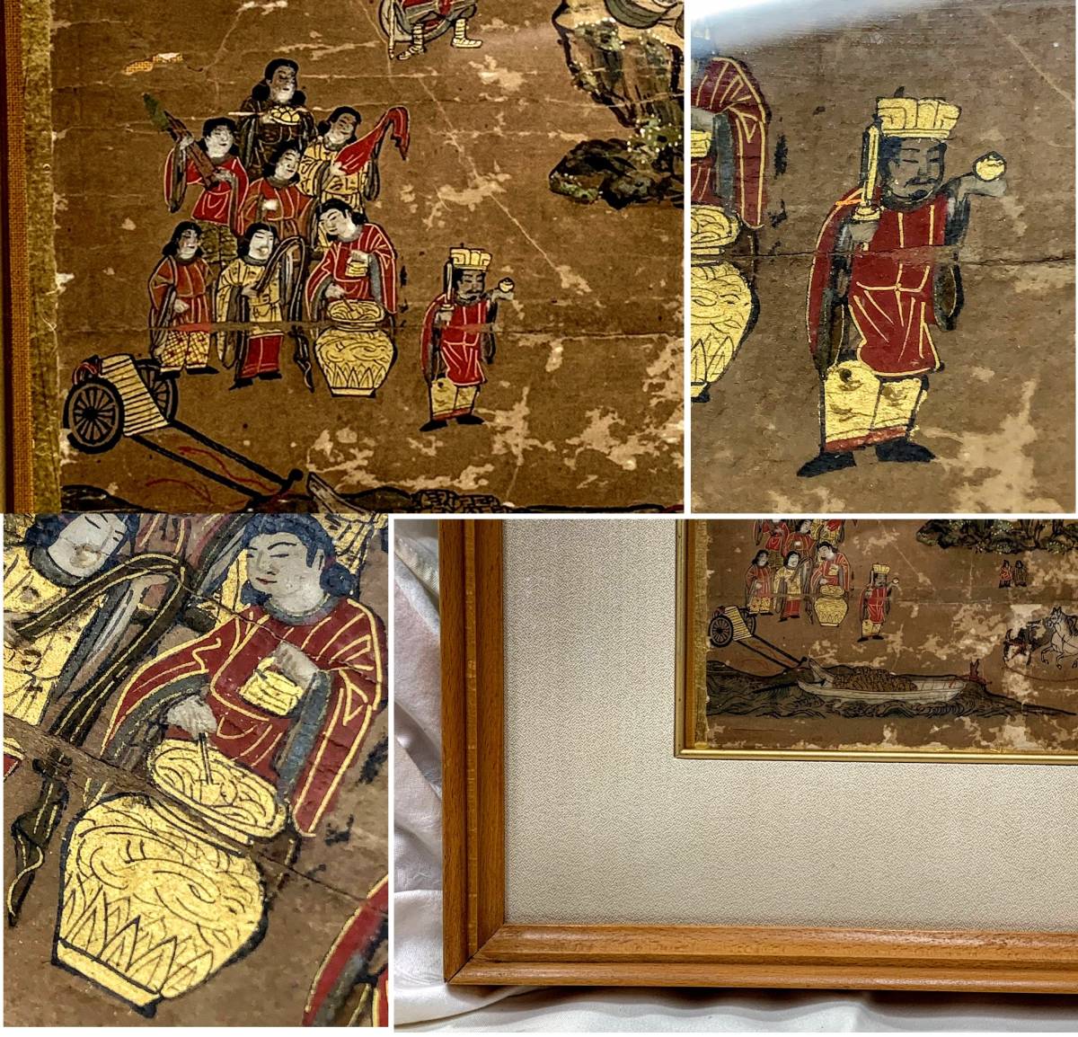 時代古い物 古美術 仏画 古画 金彩色絵 細描 八臂弁財天 十六童子