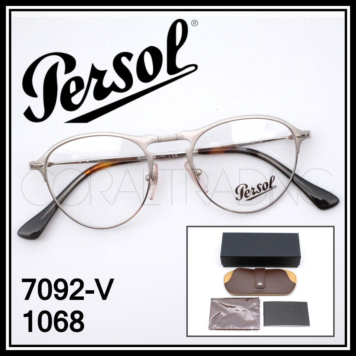 23371★新品本物！Persol 7092-V シルバー ペルソール メタルフレーム ボストン キーホールブリッジ クリアレンズ仕様 メガネ 眼鏡