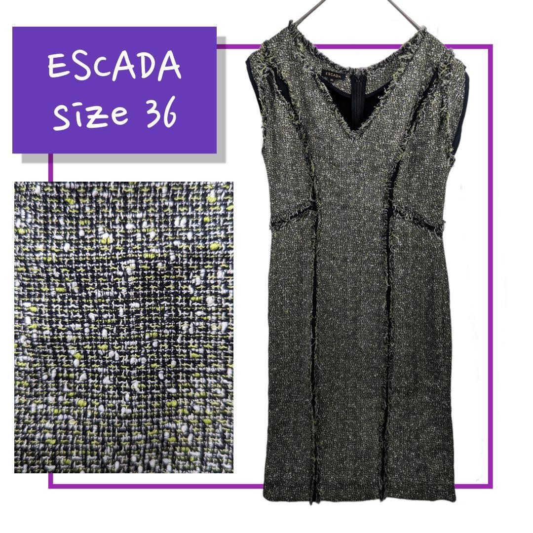 【美品】 エスカーダ ESCADA ツイード ドレス ワンピース ノースリーブ 切替 切りっぱなし サイズ36 バックジップ レディース