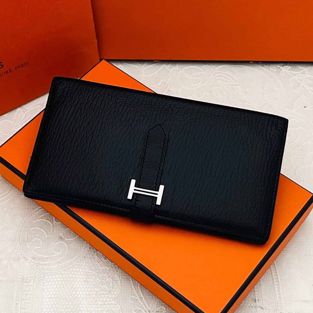 HERMES エルメス 長財布 ベアンスフレ シェーブル シルバー金具 ブラック-