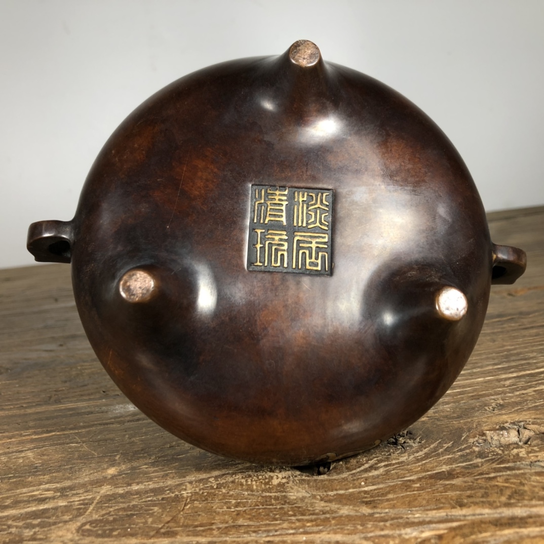 ◇旧蔵◇古美術中国古玩大明古銅製紫銅塗金三足龍紋双耳香炉時代物AT17